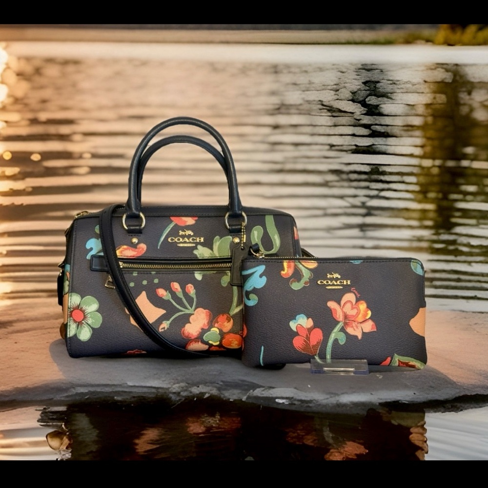 Coach Rowan Satchel Dreamy Land Floral Midnight Multi & Matching Wristlet EUC π - Picture 13 of 13